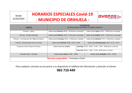 El Ayuntamiento de Orihuela reduce las frecuencias del transporte urbano municipal y establece sus nuevos horarios especiales debido al coronovirus