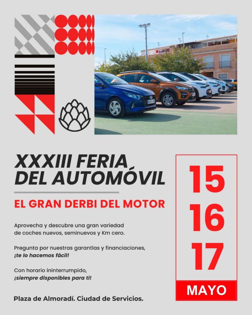Almoradí, evento: Inauguración de la XXXIII Feria del Automóvil de Ocasión con cinco concesionarios y más de 300 vehículos nuevos, seminuevos y kilómetro 0 con garantía y financiación, organizada por la Asociación del Sector del Autómovil (ASA) con la colaboración del Ayuntamiento