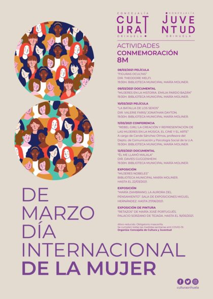 El cartel con las actividades para conmemorar el 8M./TCVB La Concejalía de Cultura celebra el Día de la Mujer con actividades en las que se visibiliza su papel en el mundo de las artes y las ciencias