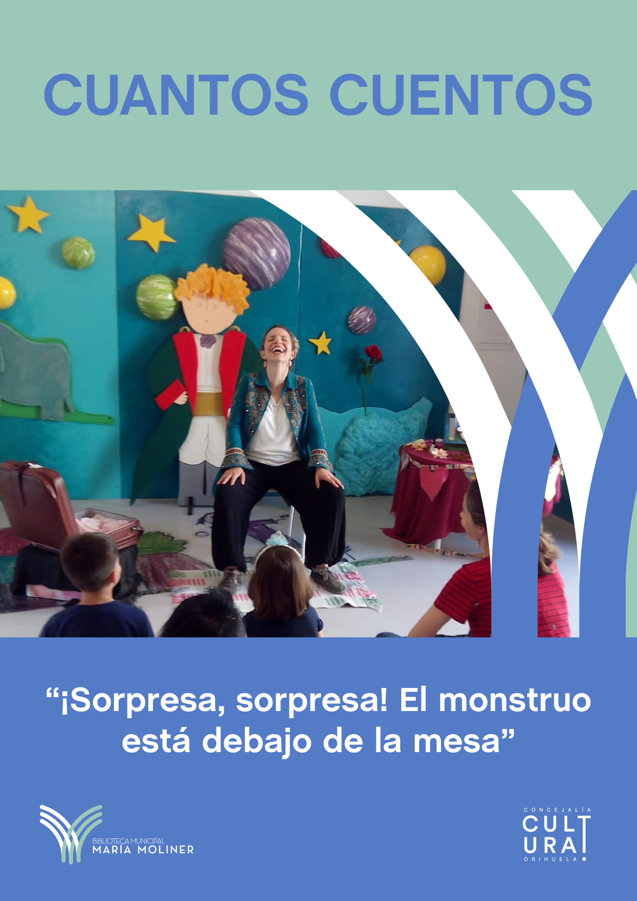 Orihuela: Sesión de cuentacuentos con Sorpresa sorpresa El monstruo está debajo de la Cuentera viajera en la de la Biblioteca Municipal María Moliner