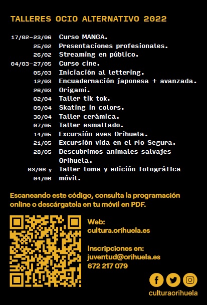 Orihuela, evento: Inscripción para los cursos y talleres de ocio alternativo 2022, organizados por la Concejalía de Juventud