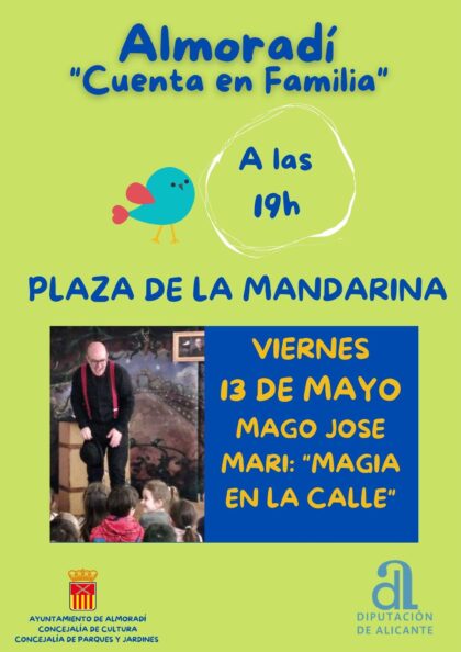 Almoradí, evento: Actuación del mago José Mari con 'Magia en la calle', dentro del ciclo 'Cuenta en familia' organizado por las concejalías de Cultura y de Parques y Jardines