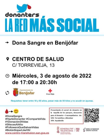Benijófar, evento: Donación de sangre, organizada por el Centro de Transfusiones de la Comunidad Valenciana