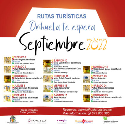 Orihuela, evento: Inscripción para las rutas turísticas de septiembre 2022 'Orihuela te espera', organizadas por la Concejalía de Turismo