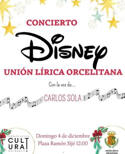 Orihuela, evento cultural: Concierto de Disney a cargo de la Unión Lírica Orcelitana (ULO) con la voz de Carlos Sola, organizada por la Concejalía de Cultura