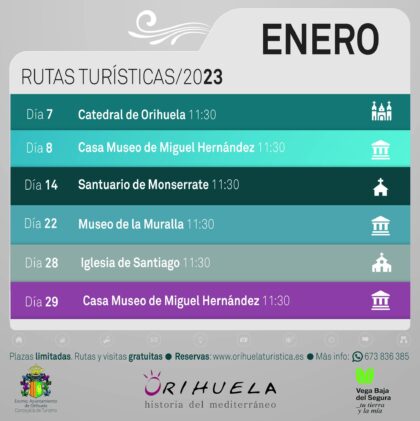 Orihuela, evento: Reservas para las rutas turísticas de enero de 2023, organizadas por la Concejalía de Turismo