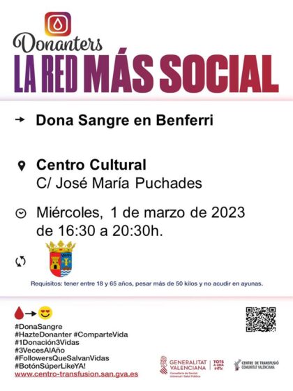 Benferri, evento: Donación de sangre, organizada por el Centro de Transfusiones de la Comunidad Valenciana