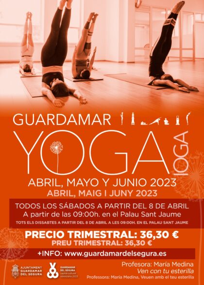 Guardamar del Segura, evento: Sesión de yoga por la profesora María Medina, dentro de la agenda municipal de junio de 2023 del Ayuntamiento