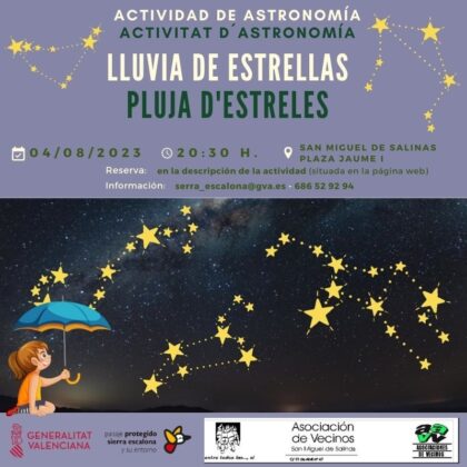 San Miguel de Salinas, evento: Actividad de astronomía 'Lluvia de estrellas', organizada por el 'Paisaje Protegido de Sierra Escalona' de la Comunitat Valenciana