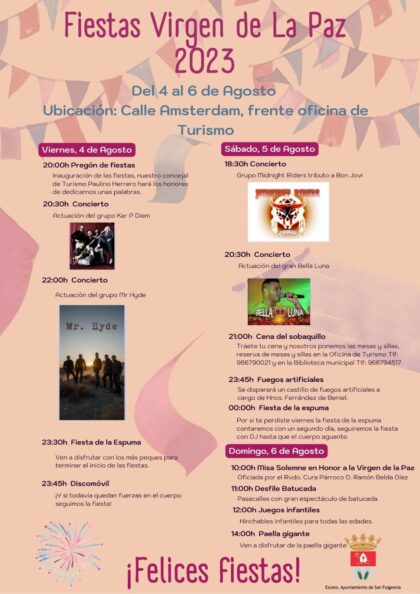 San Fulgencio, evento cultural: Concierto con la actuación del cantante 'Bella Luna', dentro de los actos de las fiestas en honor a la Virgen de la Paz organizados por el Ayuntamiento