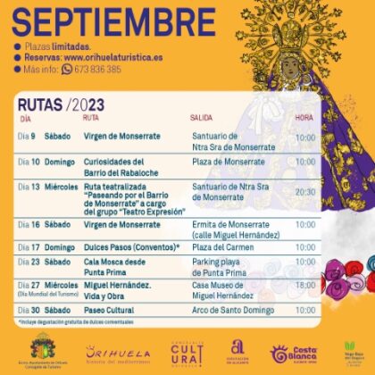 Orihuela, evento: Reservas para las rutas turísticas guiadas de septiembre, organizadas por la Concejalía de Turismo