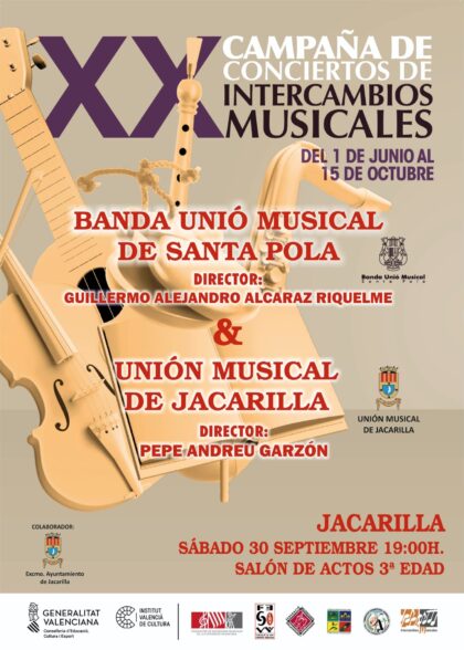 Jacarilla, evento cultural: Concierto de la banda Unió Musical de Santa Pola y la Unión Musical de Jacarilla, dentro de la XX Campaña de Conciertos de Intercambios Musicales