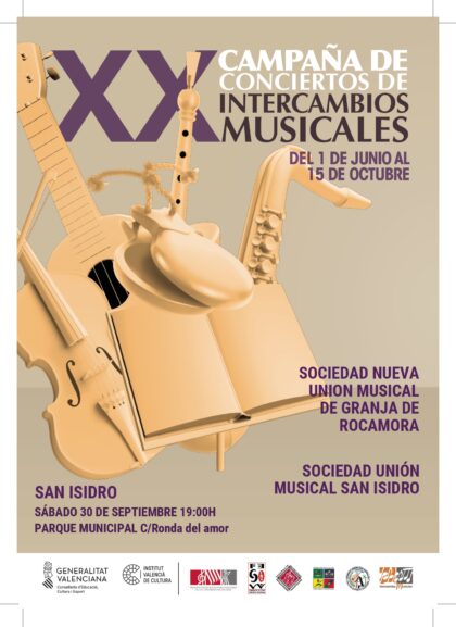San Isidro, evento cultural: Concierto de la Sociedad Nueva Unión Musical de Granja de Rocamora (SNUM) y la Sociedad Unión Musical de San Isidro, dentro de la XX Campaña de Conciertos de Intercambios Musicales
