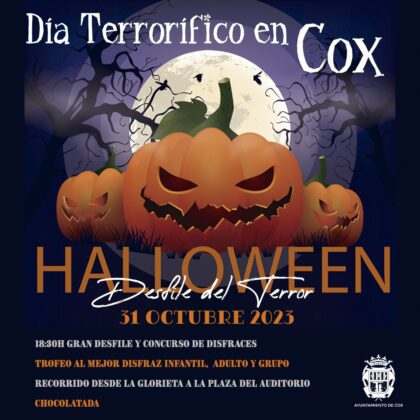 Cox, evento: Desfile del terror, concurso de disfraces con premios y chocolatada, dentro de las actividades del 'Día terrorífico' de la fiesta de 'Halloween' del Ayuntamiento