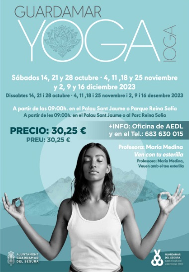 Guardamar del Segura, evento: Sesión de yoga por la profesora María Medina, dentro de la agenda municipal de septiembre de 2023 del Ayuntamiento