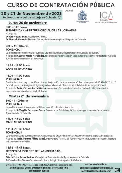 Orihuela, evento: Curso de Contratación Pública, organizado por la Concejalía de Contratación y el Colegio de Abogados de Orihuela