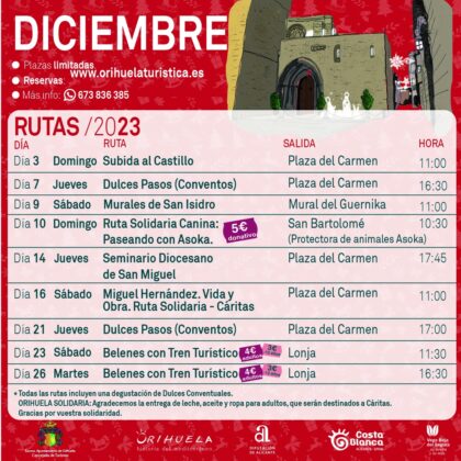 Orihuela, evento: Reservas para las rutas turísticas guiadas de diciembre, organizadas por la Concejalía de Turismo