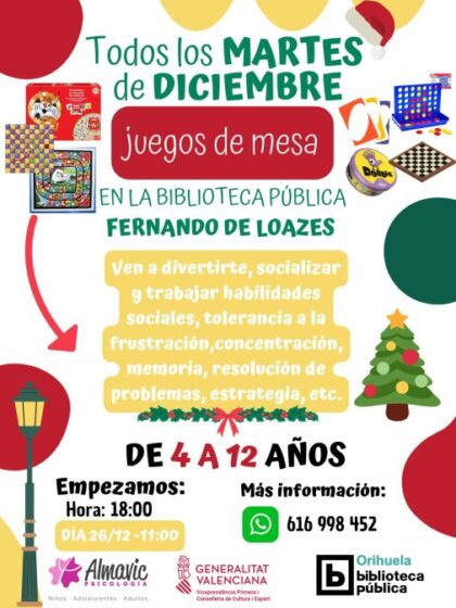Orihuela, evento: Juegos de mesa para edades de 4 a 12 años, organizado por la Biblioteca Pública y Archivo Histórico ‘Fernando de Loazes’
