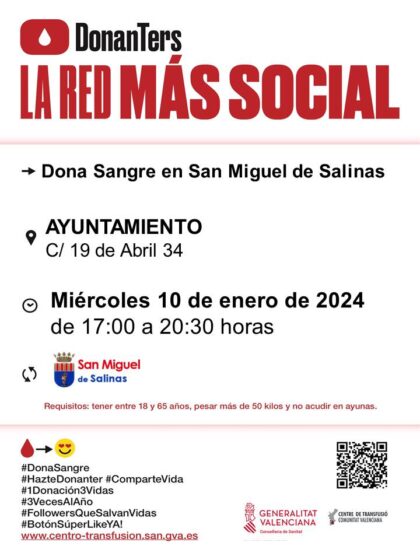 San Miguel de Salinas, evento: Donación de sangre, organizada por el Centro de Transfusiones de la Comunidad Valenciana