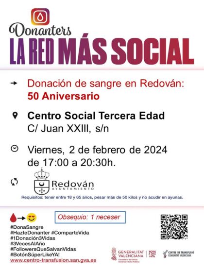 Redován, evento: Donación de sangre en el 50º aniversario, organizada por el Centro de Transfusiones de la Comunidad Valenciana