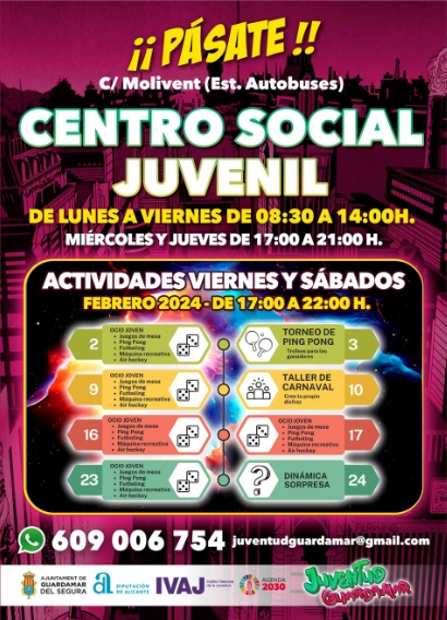 Guardamar del Segura, evento: Actividades del Centro Social Juvenil (CSJ), dentro de la agenda municipal de febrero de 2024 del Ayuntamiento