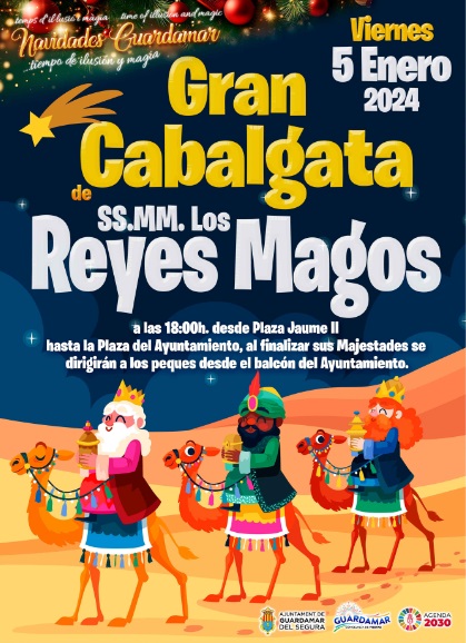 Guardamar del Segura, evento: Cabalgata de SS. MM. los Reyes Magos y saludos a los pequeños, dentro del programa de actividades de las navidades 2023-2024 organizado por el Ayuntamiento