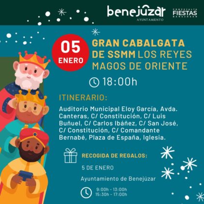 Benejúzar, evento: Cabalgata de SS. MM. los Reyes Magos de Oriente, dentro de la programación de actividades de Navidad organizada por las concejalías de Fiestas y de Cultura