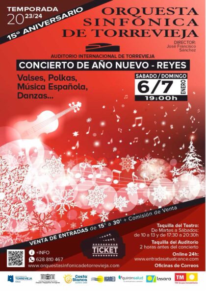 Torrevieja, evento cultural: Concierto de Año Nuevo y Reyes con valses, polkas, música española y danzas, por la Orquesta Sinfónica de Torrevieja, dentro de la programación cultural para el primer cuatrimestre de 2024 organizada por la Concejalía de Cultura