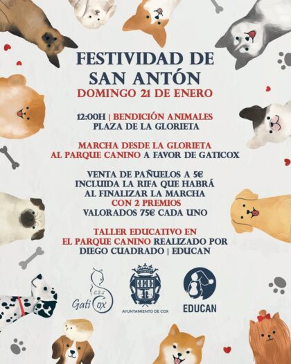 Cox, evento: Bendición de animales, marcha, rifa y taller educativo, dentro de los actos de la festividad de San Antón organizados por el Ayuntamiento