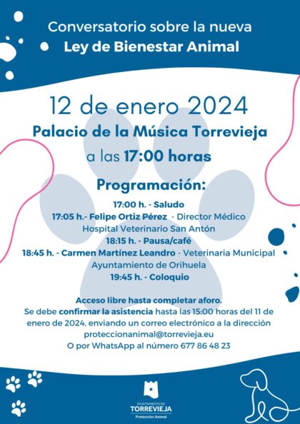 Torrevieja, evento: Confirmación de asistencia a la jornada de conocimiento sobre la nueva ley de bienestar animal, organizada por la Concejalía de Protección Animal