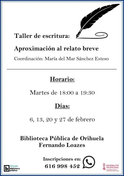 Orihuela, evento: Inscripción al taller de escritura 'Aproximación al relato breve', organizado por la Biblioteca Pública y Archivo Histórico ‘Fernando de Loazes’