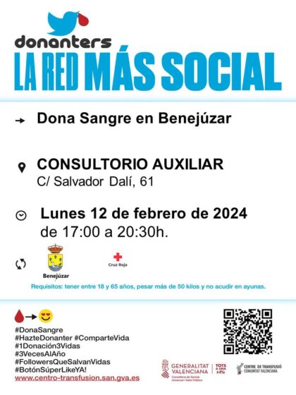 Benejúzar, evento: Donación de sangre, organizada por el Centro de Transfusiones de la Comunidad Valenciana