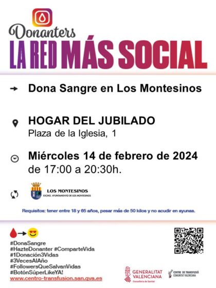 Los Montesinos, evento: Donación de sangre, organizada por el Centro de Transfusiones de la Comunidad Valenciana