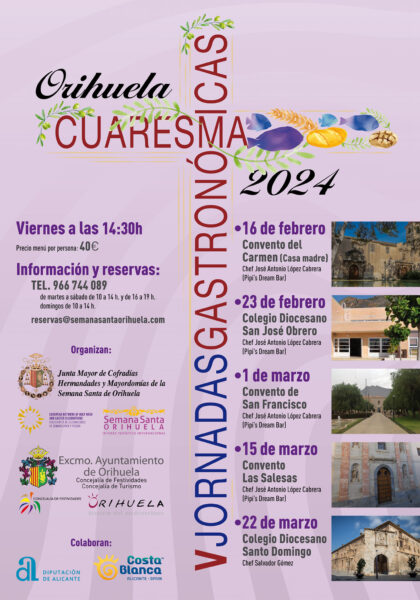 Orihuela, evento: Reservas para las V Jornadas Gastronómicas de Cuaresma organizadas por la Junta Mayor de Cofradías, Hermandades y Mayordomías de Semana Santa y las concejalías de Festividades y de Turismo