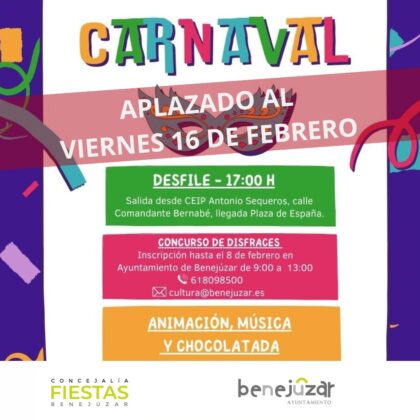 Benejúzar, evento: Celebración del Carnaval con desfile y concurso de disfraces, animación, música y chocolatada, organizada por la Concejalía de Fiestas