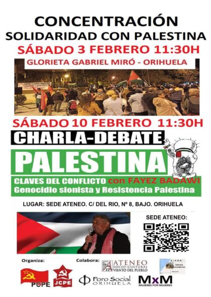 Orihuela, evento: Charla-debate sobre Palestina 'Claves del conflicto. Genocidio sionista y resistencia palestina', por el activivista palestino Fayez Badawi, dentro de los actos a favor del pueblo palestino organizados por el Partido Comunista de los Pueblos de España (PCPE)