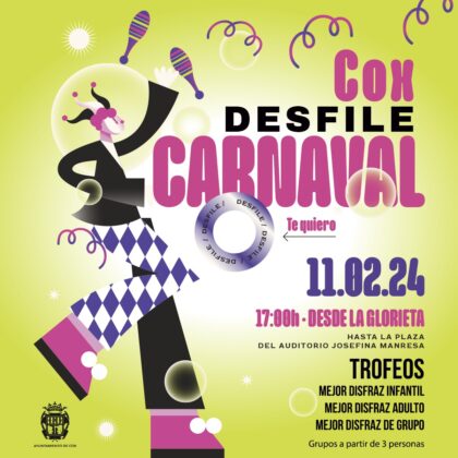 Cox, evento: Desfile de Carnaval con premios a los mejores disfraces infantil, adulto y de grupo, organizado por el Ayuntamiento
