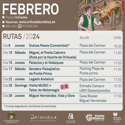Orihuela, evento: Reservas para las rutas turísticas guiadas de febrero, organizadas por la Concejalía de Turismo