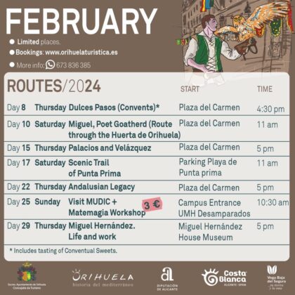 Orihuela, evento: Reservas para las rutas turísticas guiadas de febrero, organizadas por la Concejalía de Turismo