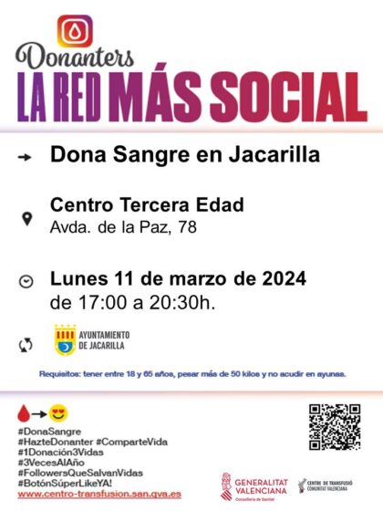 Jacarilla, evento: Donación de sangre, organizada por el Centro de Transfusiones de la Comunidad Valenciana