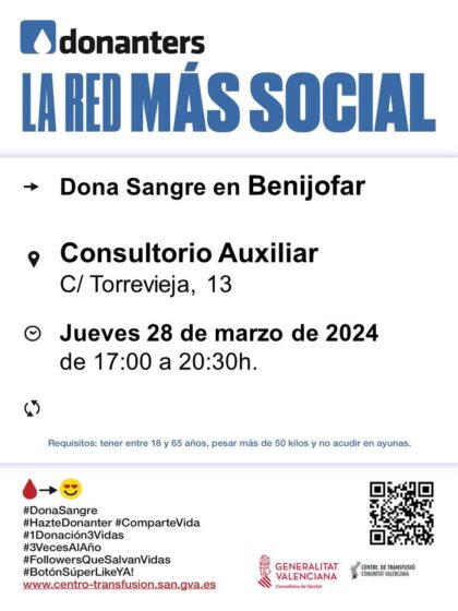 Benijófar, evento: Donación de sangre, organizada por el Centro de Transfusiones de la Comunidad Valenciana