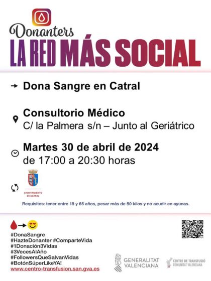 Catral, evento: Donación de sangre, organizada por el Centro de Transfusiones de la Comunidad Valenciana