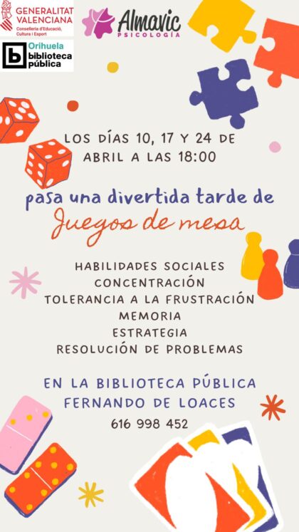Orihuela, evento: Juegos de mesa para edades de 4 a 12 años, por 'Almavic Psicología', organizada por la Biblioteca Pública y Archivo Histórico ‘Fernando de Loazes’