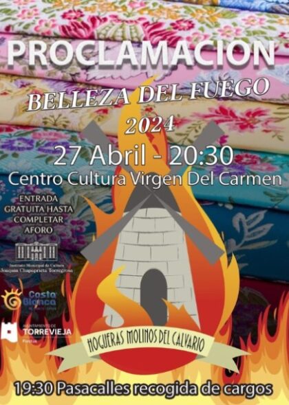 Torrevieja, evento: Gala de proclamación y coronación de la belleza del fuego o reina de las 'Hogueras 2024' del barrio de los Molinos del Calvario, dentro de la programación cultural para el primer cuatrimestre de 2024 organizada por la Concejalía de Cultura