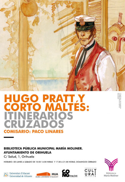 Orihuela, evento: Exposición de cómics 'Hugo Pratt y Corto Maltés: itinerarios cruzados', dentro de la programación cultural de mayo de la Biblioteca Municipal ‘María Moliner’