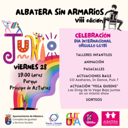 Albatera, evento: Celebración del Día Internacional del Orgullo LGTBi con talleres infantiles, pasacalles y actuaciones de baile, dentro de los actos de las VIII Jornadas LGTBI 'Albatera sin armarios' organizadas por la Concejalía de Igualdad y Servicios Sociales