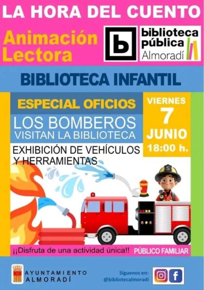 Almoradí, evento cultural: Sesión de cuentacuentos para prelectores y primeros lectores con el especial oficios 'Los bomberos visitan la biblioteca' y exhibición de vehículos y herramientas en el ciclo 'La hora del cuento', dentro de la programación cultural del segundo trimestre de 2024 organizada por la Concejalía de Cultura