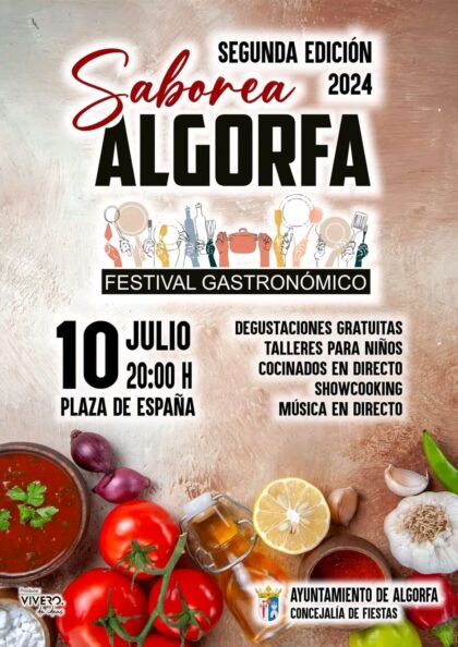 Algorfa, evento: II Festival gastronómico 'Saborea Algorfa' con degustación gratuita, talleres para niños, 'showcooking' y actuación en directo, dentro de las fiestas patronales en honor a Nuestra Santísima Virgen del Carmen organizadas por el Ayuntamiento