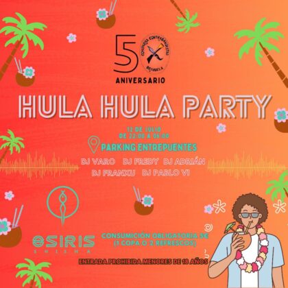 Orihuela, evento: Fiesta hawaiana '¡Hula, hula!' con dj's, por la comparsa Contrabandistas, dentro de los actos de la Fiesta de la Reconquista y de Moros y Cristianos organizados por las comparsas cristianas y moras