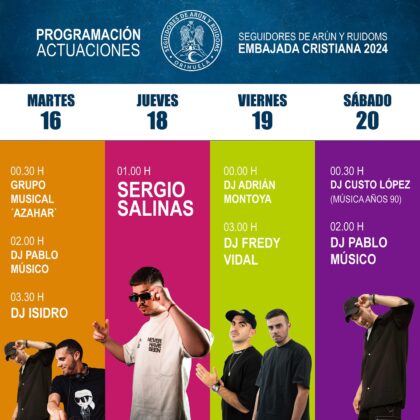 Orihuela, evento: Actuación del dj Adrián Montoya por la comparsa Seguidores de Arún y Ruidoms, dentro de los actos de las Fiestas de la Reconquista y de Moros y Cristianos organizados por las comparsas cristianas y moras